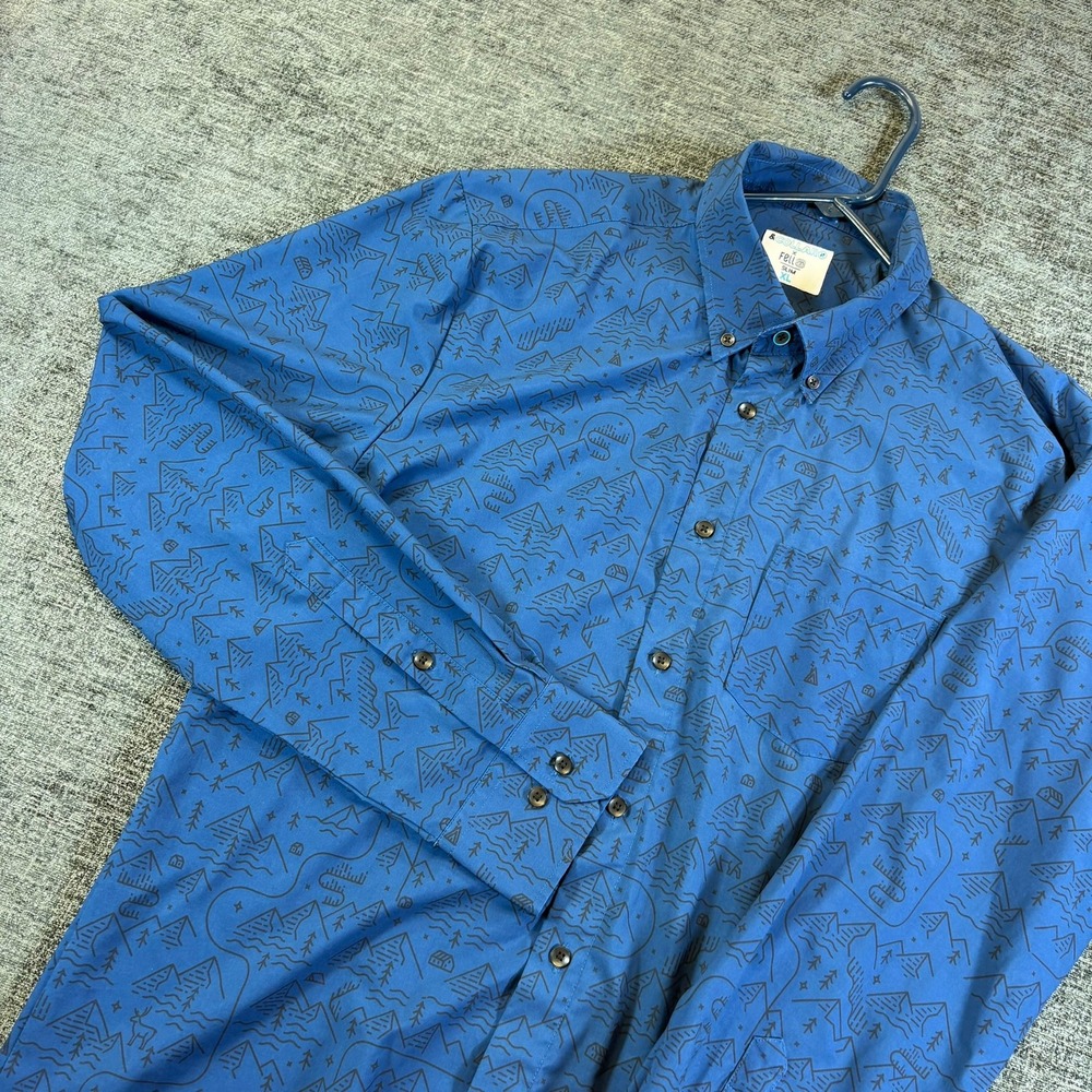 &Collar x Fell Button Up Shirt Mens XL Blue Mountain Print Slim Fit Long Sleeve